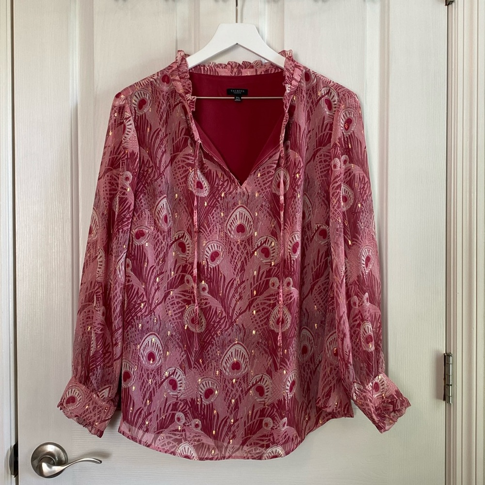 Talbots Pink and Gold Long Sleeve V-Neck Top w/ Frilled Detailing Size 2X Petite